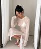VINAJ Lace Shirring Mix Hooded See-Through Dress (White)