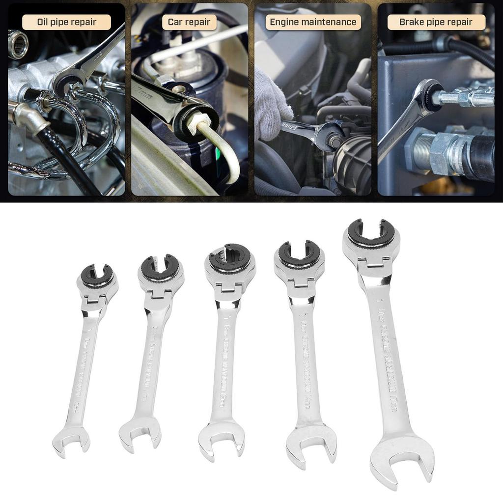 Jiawu Ratchet Combination Wrench Set, 5-Piece Flex Head Brake Line Wrench, 10-17mm CV Steel Open End 72-Tooth Gear Spanner for Fuel Nuts, Air Conditio