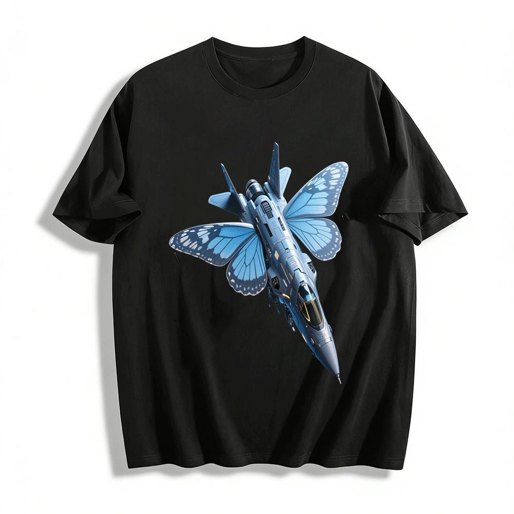

Cyber Butterfly Fighter Jet Print Trendy Cool Casual Short Sleeve Top Pure cotton T-shirt XXS