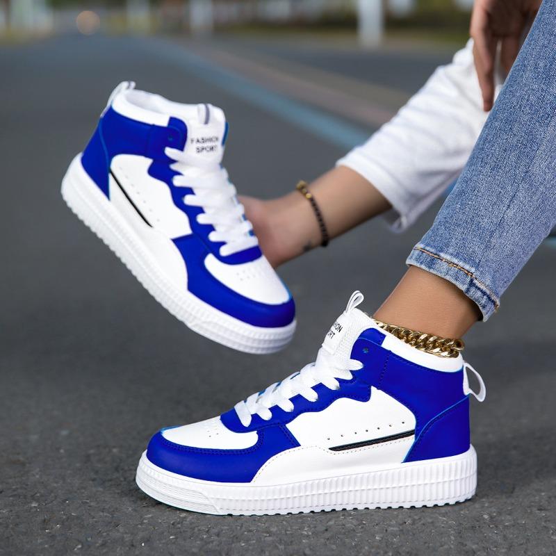 Blue High Top Sneakers Unisex Non Slip Platform Men's Skate Shoes Spring Autumn Casual Leather Skateboard Shoes For Women