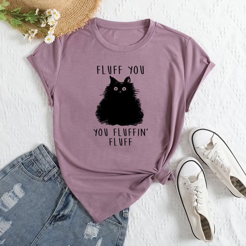 Summer Women's Letter Cat Print Round Neck Loose Casual Pure Cotton Short Sleeved T-shirts Women's