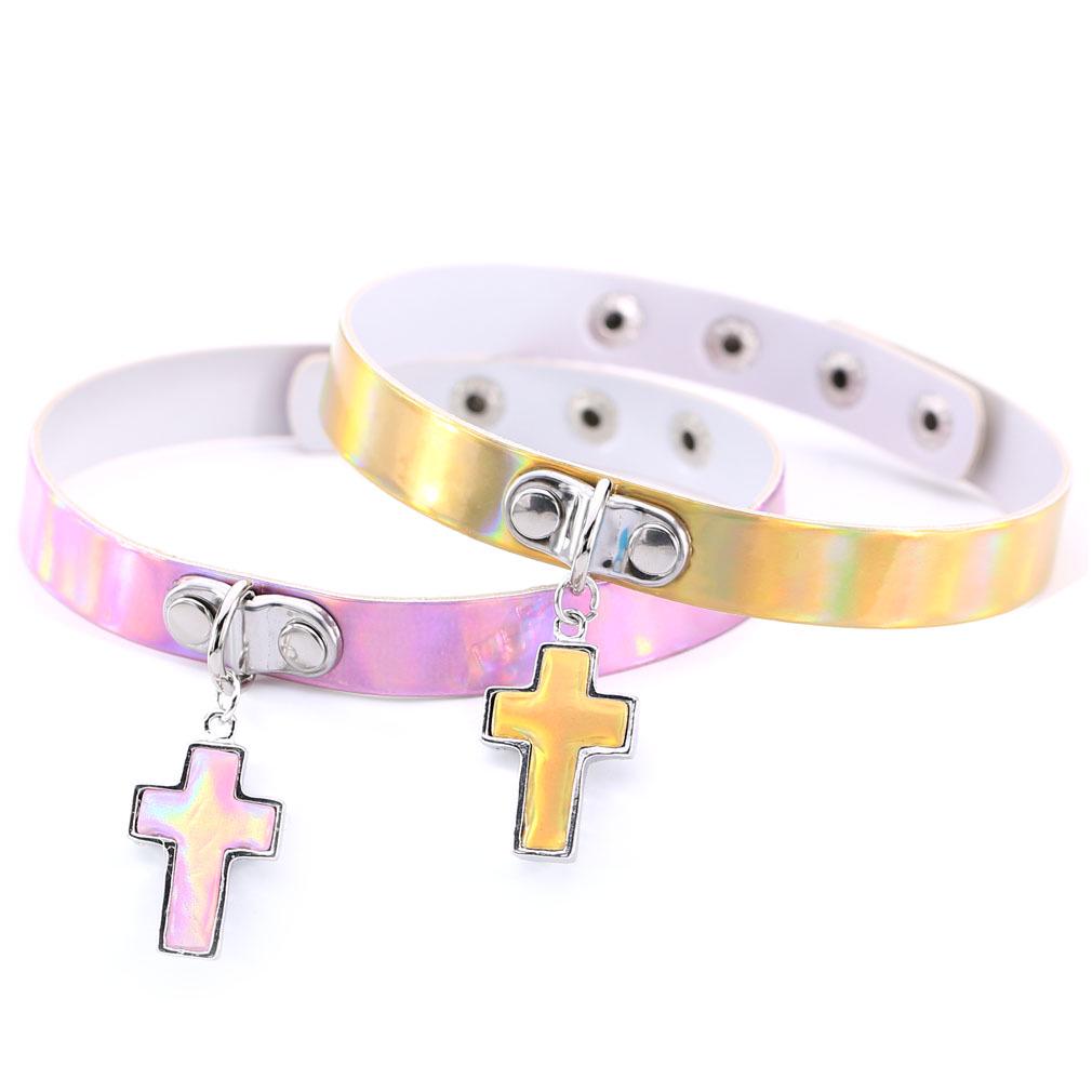 Cross Laser Glow Choker, Gothic Cross Luminous Short Leather Clavicle Necklace