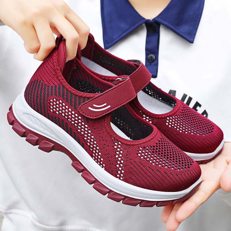 Shoes Women's Shoes Versatile Summer Casual Shoes Velcro Single Shoes Flying Weaving Breathable Mesh Non-slip and Wear-resistant Mom Shoes