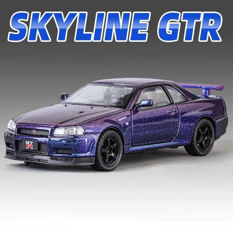 1:32 Scale SKYLINE GTR R34 Sports Car Model Toy Metal Diecast Pull Back Light Music 4 Doors Opened Vehicles Ornaments Gifts