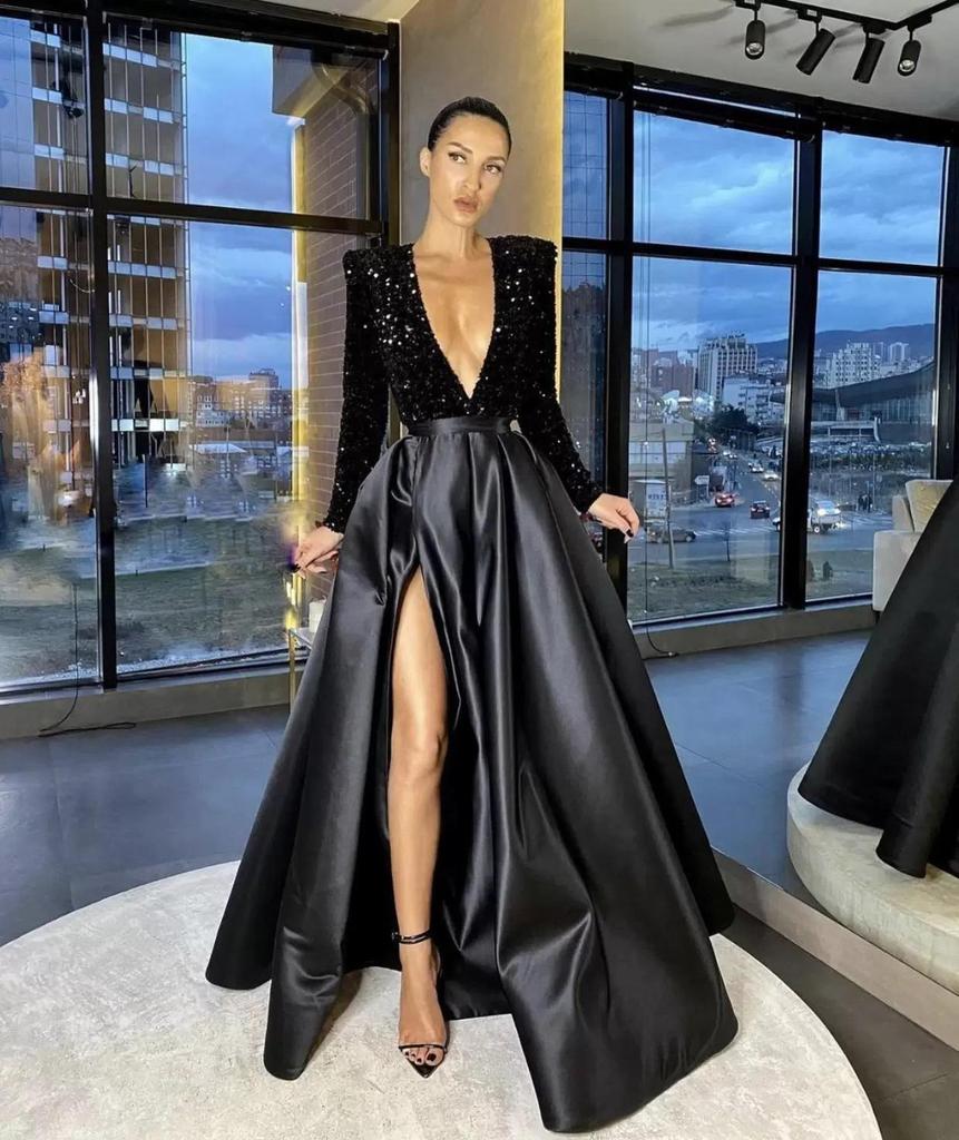 2025 Europäisches & Amerikanisches One-Shoulder Pailletten V-Ausschnitt Langarm Schlitz Abendkleid