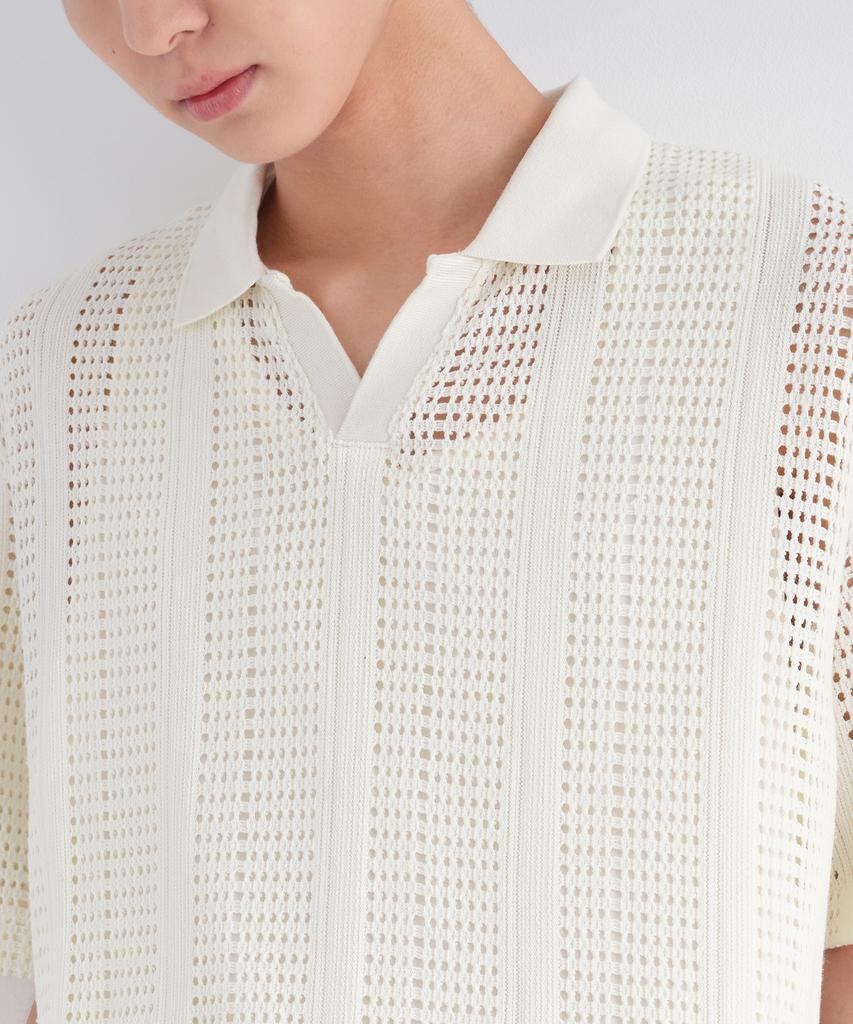 Musinsa Standard Vertical Crochet Slit Neck Polo Shirt [Ivory]