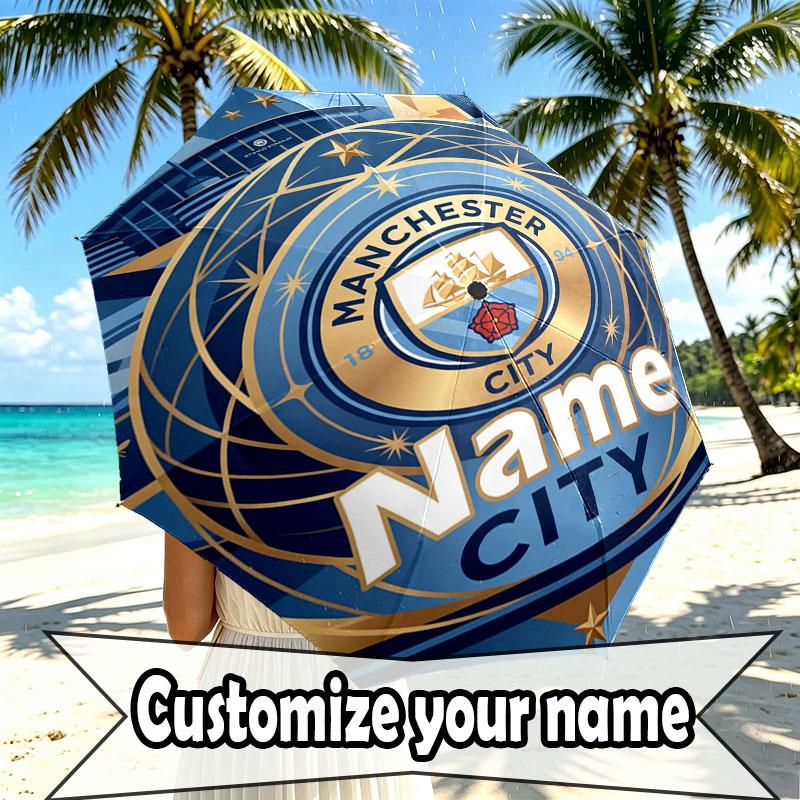 Custom Name Personalized Manchester City Print Umbrella, Auto Open Close, 8‑Rib Sturdy Frame, Commute Camping Hiking Use, Birthday Gift