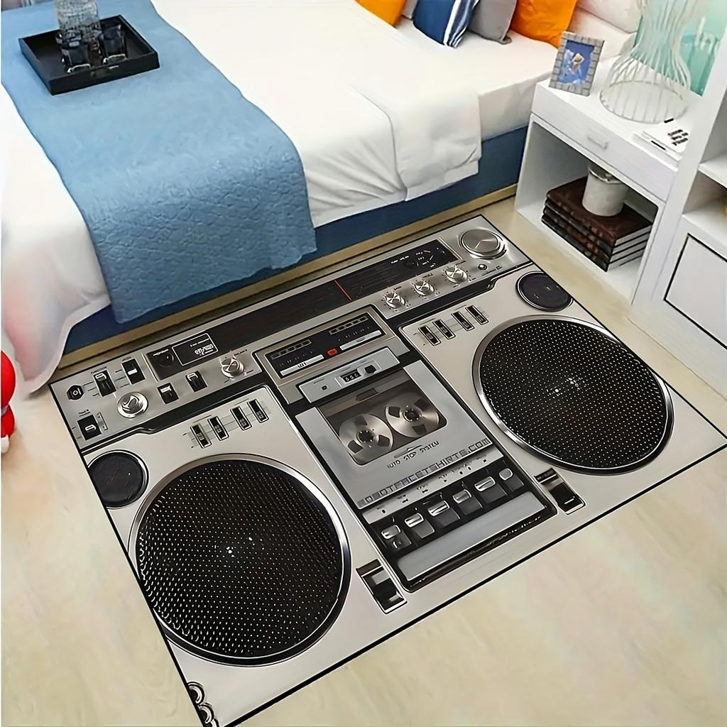 A Vintage Boombox Patterned Area Rug,Featuring a Non-Slip Mat,Suitable for Living Rooms,Dining Rooms,Bathrooms,Bedrooms,And Music Rooms. Thi