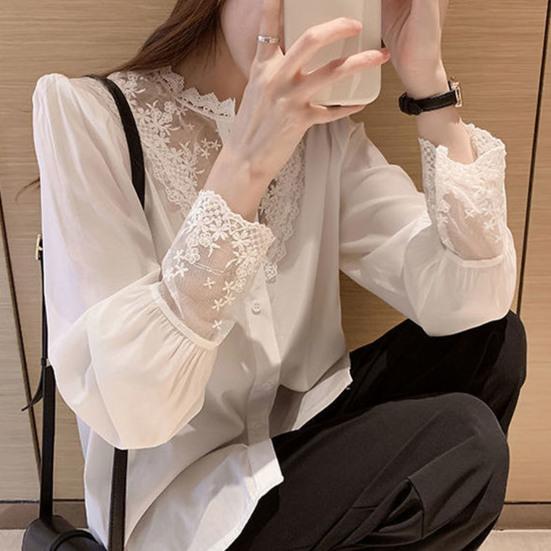 Kadın Gömlek Dantel Patchwork Standı Yaka Çiçek Nakış Tek göğüslü Uzun Kollu Düz Renk OL İşe gidip gelme Tarzı Yumuşak Bayan Bahar Sonbahar Üst Bluz