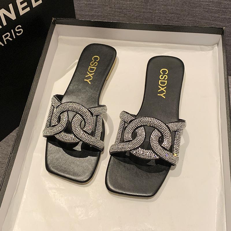 New Slippers Rhinestone Women Sandals Square Head Large Size Flats Slippers Sho