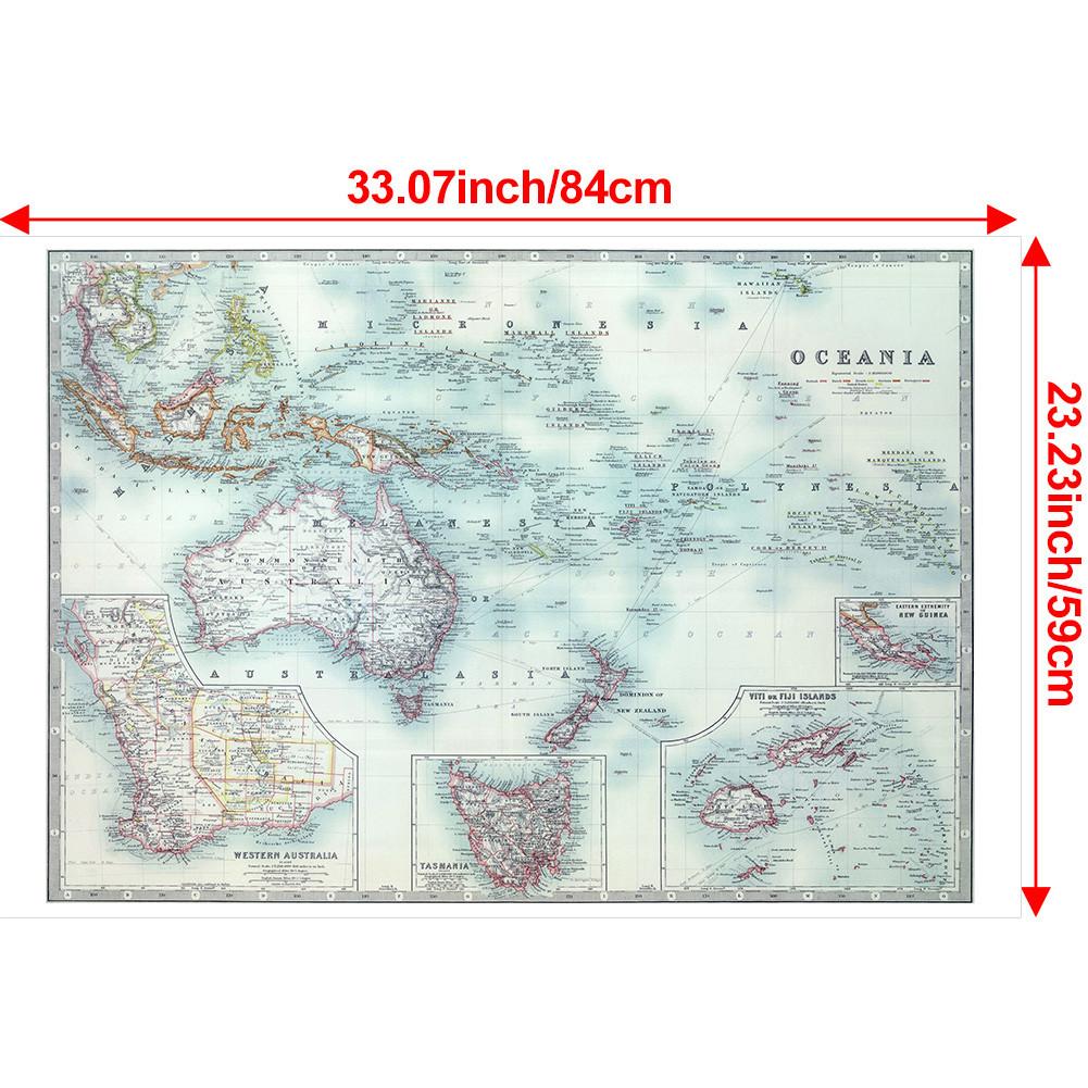 Angļu versija — vintage Okeānijas kartes gleznošanas sienas plakāts, skolas ceļojumu piederumi, dāvana, izglītojoša sienas māksla, kartes sienas dekors