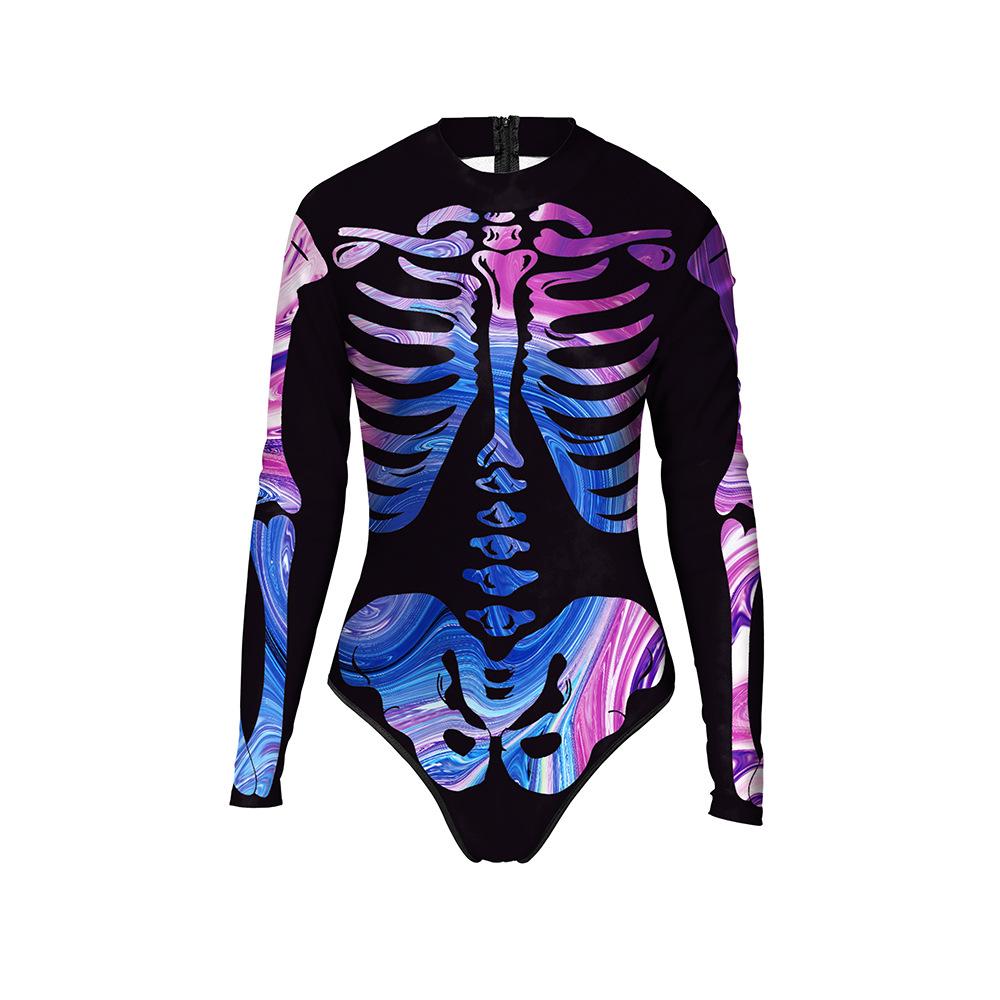 Halloween Carnival Colorful Skeleton Print Women's Skinny Gymnastics Suit Long Sleeve Swimsuit Women