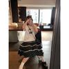 Women's Sweet Black A-line Skirt with Brown Sugar Rose Lace & Polka Dots - Thin Summer Style