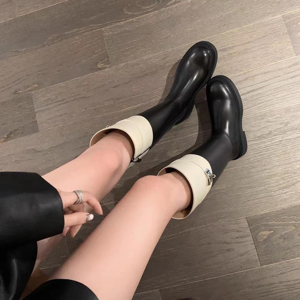 Grape Mother Has the Same Style and Likes the Quality~ Round Head Color Matching Lock Thick Heel Medium and High Boots Knight Boots Women's Genuine Le
