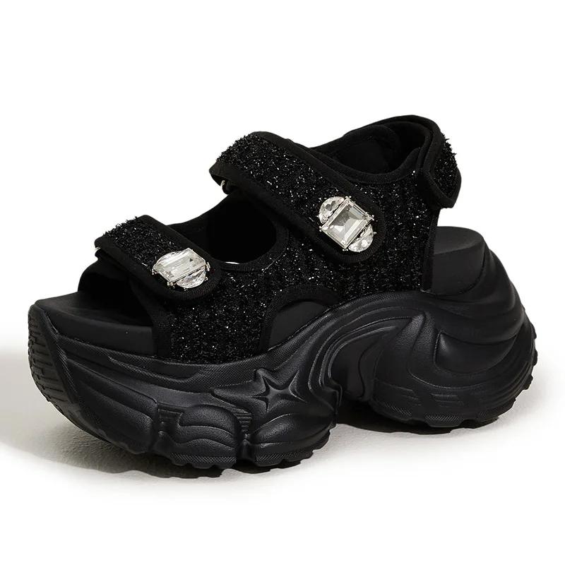 Fashion 9CM Women's Thick Heels Sandals Summer Breathable Slip-On Slippers Magic Tape Leather Beach Sandals Bling Diamond Casual Shoes