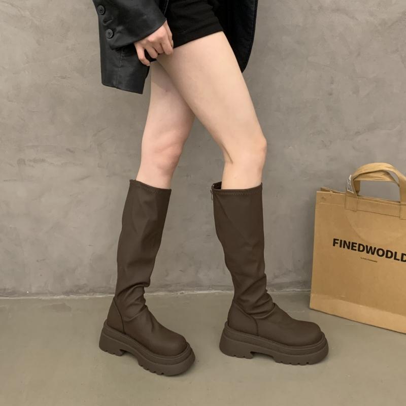 Fashion Autumn Winter Cosy Soft Leather Woman Knee High Boots Designer Round Toe Long Booties Square Heels Shoes