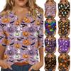 Women's Halloween Print V Neck Button Detail Three Quarter Sleeve Casual T Shirt Top Lightweight Comfortable Fit Seasonal Design