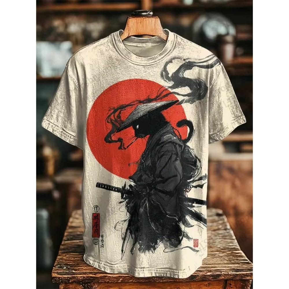 Novas Camisetas com Estampa 3D de Gato Samurai Japonês para Homens Mulheres Camiseta Casual de Manga Curta Top Harajuku Roupa Streetwear