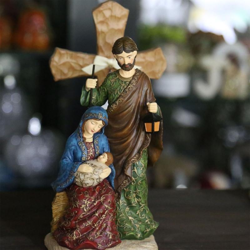 Vintage Holy Family Christmas Figurine Resins Nativity Scene Sculpture Holiday Tabletop Religious Decors Ornament Gift