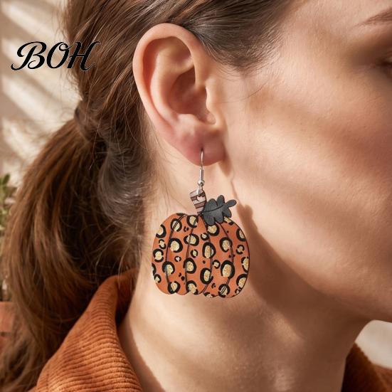Retro Autumn Theme Ear Hooks 1 Pair Fall Pumpkin Earrings, Acrylic Leopard Print Dangle Earrings Drop Statement Thanksgiving Halloween Jewelry