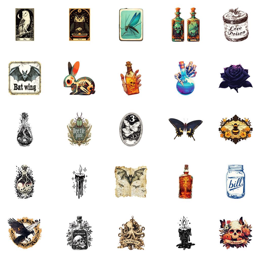 50 Naklejek Dekoracyjnych Wodoodpornych w Stylu Retro Pająk Lampa Oliwna Róża Bez Powtórzeń Naklejki