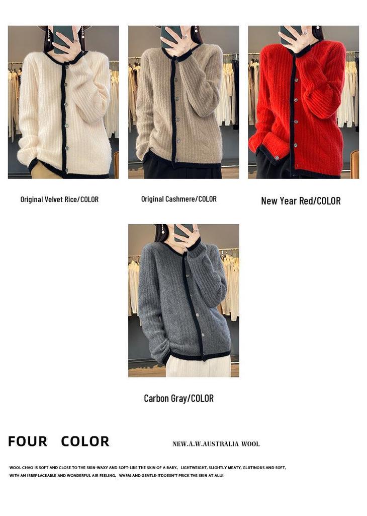 Women's 23-Color Block Round Neck Pure Wool Cardigan - Long Sleeve Knit Sweater