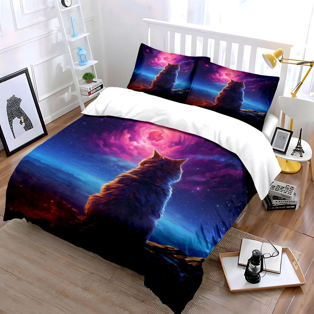 Starry Night Cat Art Set Soft Comfortable Duvet Cover Bedding Set Included 1*Duvet Cover & 2*Pillowcases, Gift