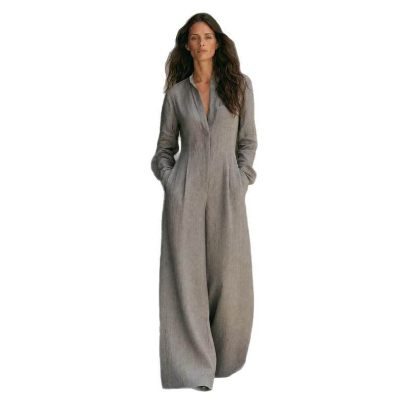 Womens V-Neck Long Sleeve Linen Jumpsuit Loose Wide Leg Casual Overall 2026 Fall Collection