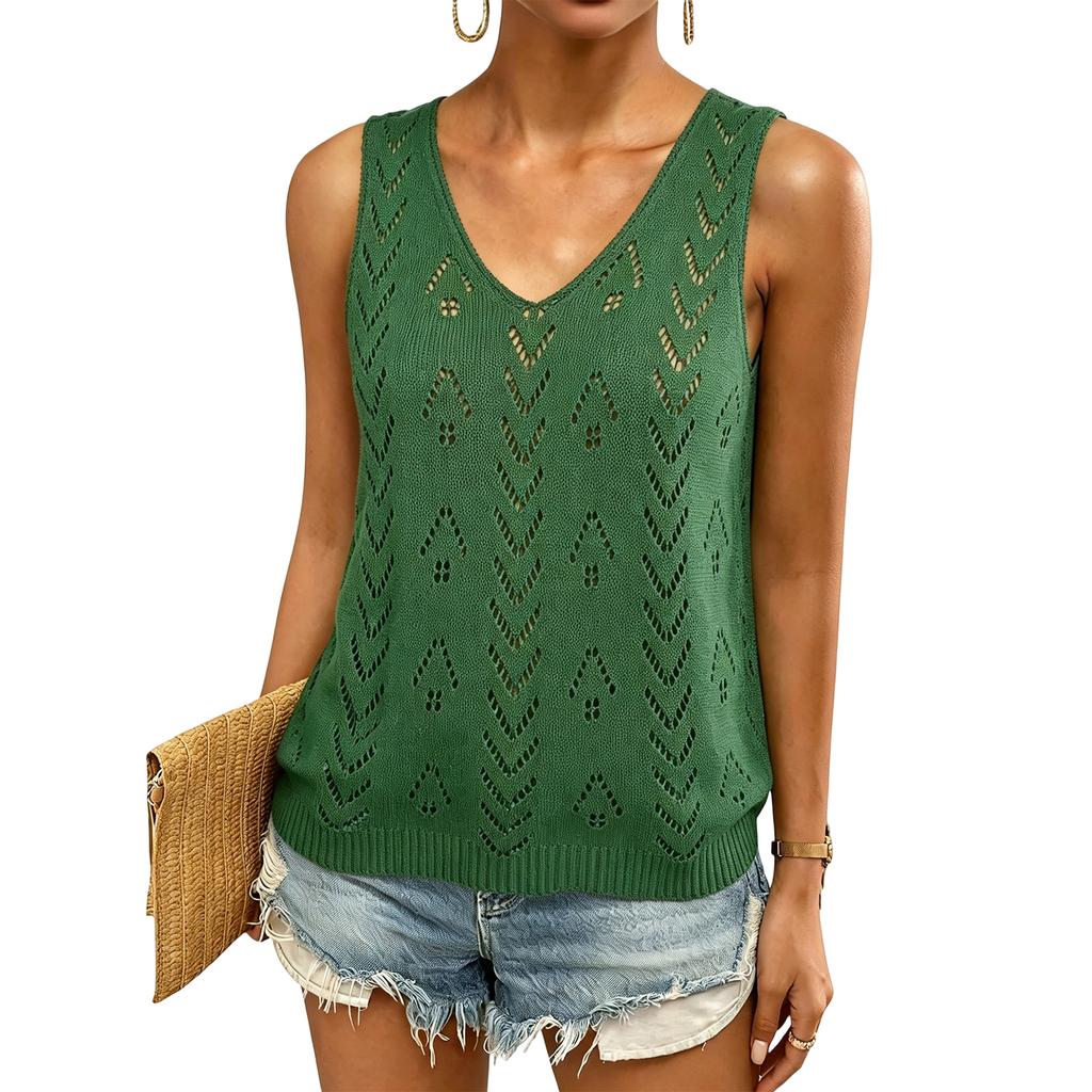 Women's V Neck Sleeveless Knit Top Color Loose Hollow Out Blouse for Casual Daily Wear Summer