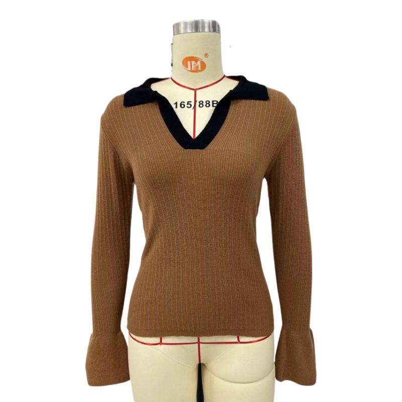 IHUASU Dámský evropský a americký podzimní a zimní pletený svetr přes hlavu se zvonovými rukávy a klopou