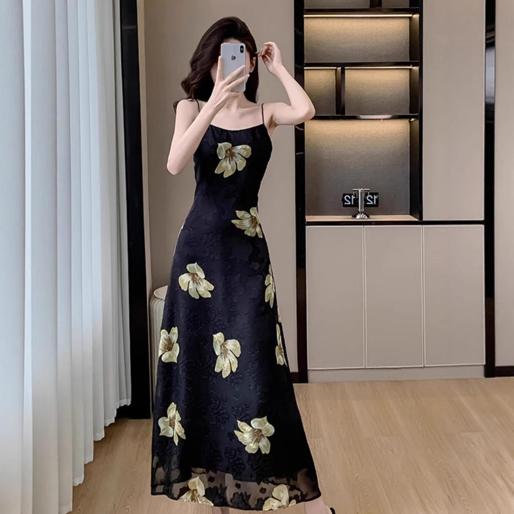 Floral skirt suspender dress chiffon skirt slim waist and thin temperament long dress female summer