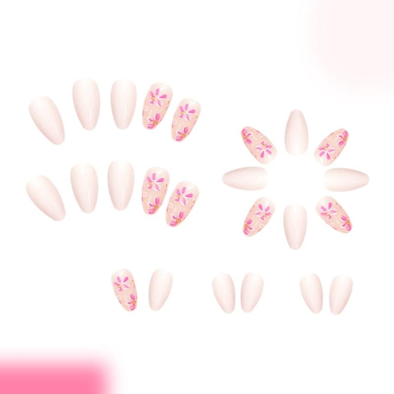 Press On Nail Short Almond Fake Nail French Full Cover Acrylic False Nail Flower Design Fake Nail for Women and Girls