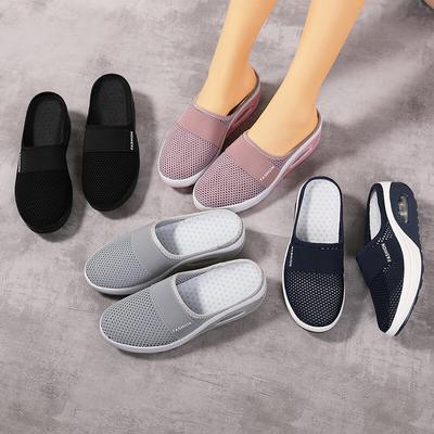 Large Size Without Heel and One Pedal, Women's Lazy Thick-soled Air Cushion Hollow Mesh Breathable Bag Head Half Drag Women's Shoes