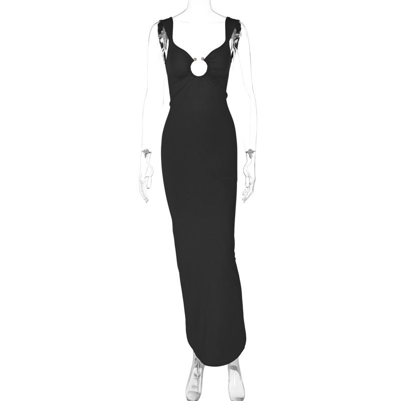 2024 Western Style Ring Buckle Hollow Out Low Cut Sling Over the Knee Long Dress Sexy Gyaru Backless Split Dress