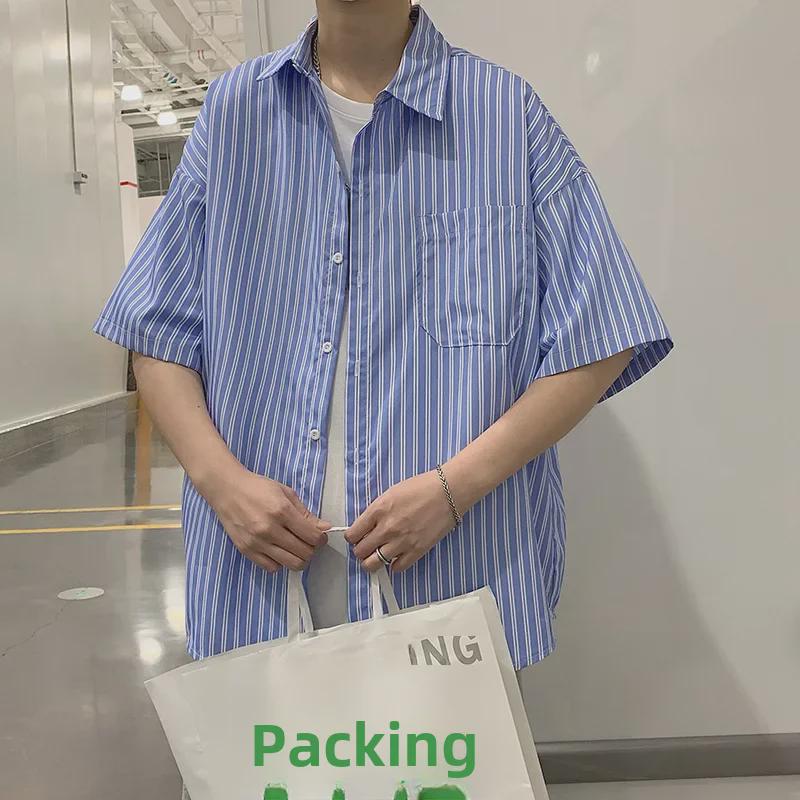 

Мужская повседневная рубашка с коротким рукавом в японскую полоску - Летний корейский стиль 2XL синий