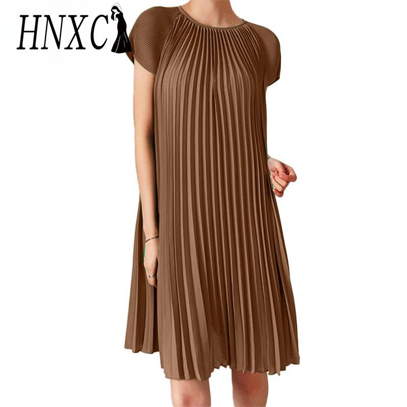 HNXC Dámské ležérní letní krátké rukávy s kulatým výstřihem a skládané šaty