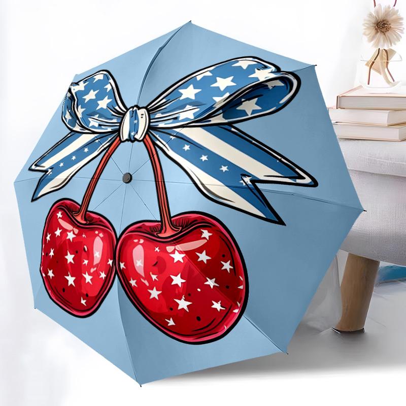 1pc Cherries Bow Automatic Folding Umbrella with 8-Rib Windproof Design, Portable Foldable Sunshade Umbrella For Halloween 109