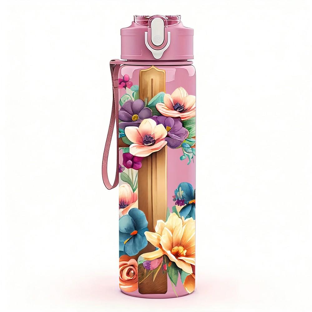 1PC Cross With Rose Wildflower Bouquet 750ml Color Plastic Sports Water Bottle Leakproof Flip Straw Lid Suitable for Sports Office Home Use