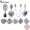 BAMOER 925 Silver Purple Shining Stone Collection Charms Love Drop Pendant Fit for Charm Bracelet Vintage Pattern Beads