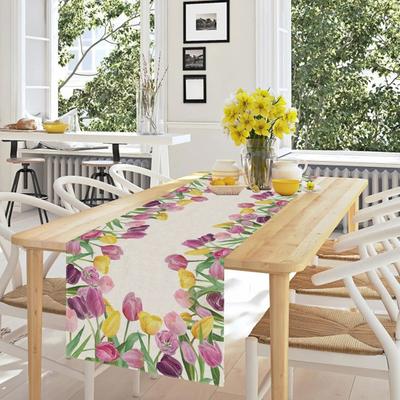 Spring Floral Table Runner Blooming Flowers Table Linen Tulip Washable Table Cloth for Home Farmhouse Dining Parties Decoration