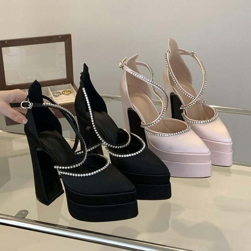 Mode Frühling Herbst Mode Satin Mary Janes Damen Pumps Elegant Spitz Zehen Plateau Keilabsätze 15cm Hohe Absätze Party Abschlussball Klobige Schuhe