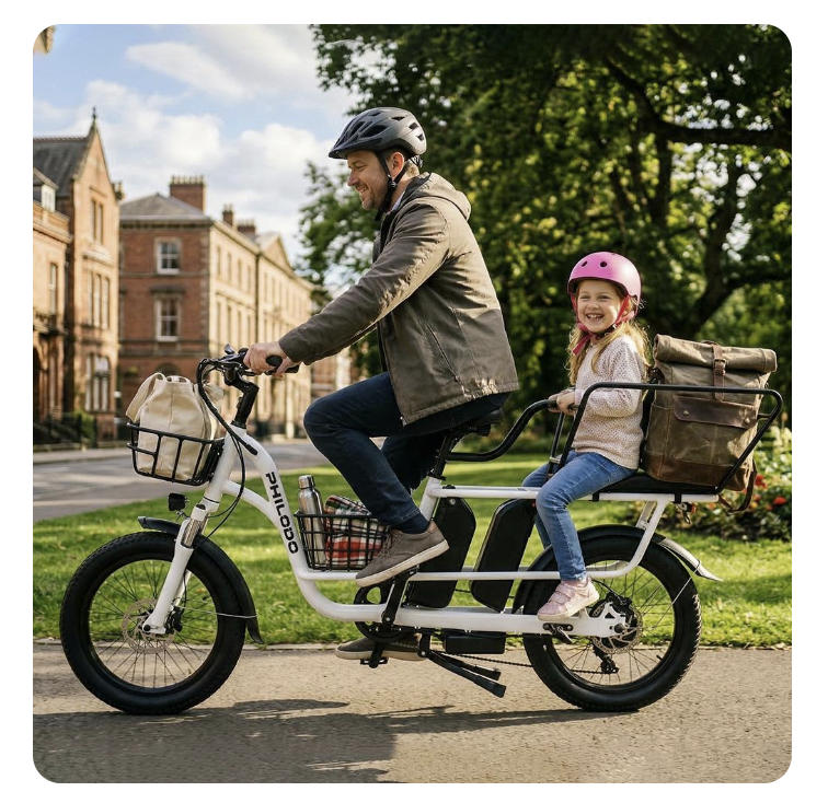 PHILODO Bici da carico elettrica da trasporto 750W motore 48V 17.5Ah doppia batteria pneumatici 20x3 pollici freni a disco idraulici anteriori e posteriori