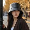 Solid Color Wide Brim Hat Lightweight PU Leather Hat Casual Sun Bucket Hat  Outdoor