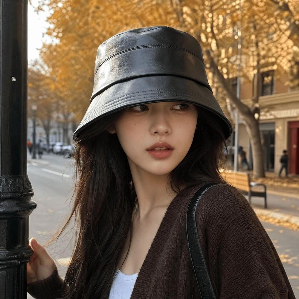 Solid Color Wide Brim Hat Lightweight PU Leather Hat Casual Sun Bucket Hat  Outdoor