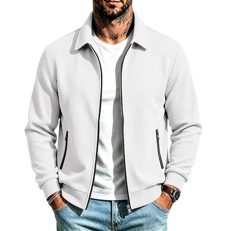 Men S Casual Waffle Knit Zip Pocket Lapel Jacket