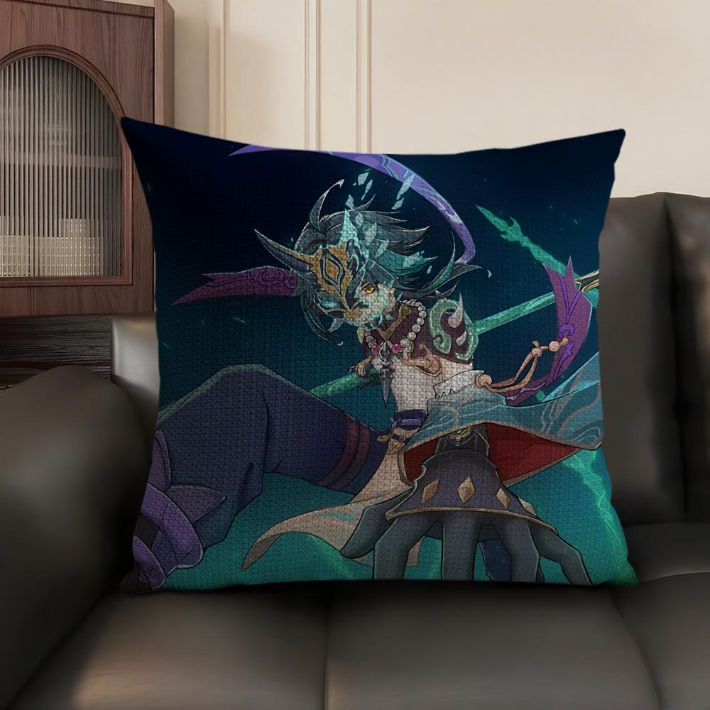 Xiao Genshin Impact Cushion Cover Natural Linen Organic Fabric Double-Sided Printing Sofa Home Decor Gift Pillow Case