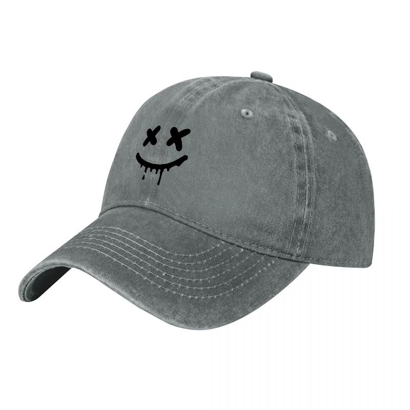 Smiley-Gesicht gewaschene Baumwolle Baseballkappe Schwarz Bestickt Unisex Hut Verstellbar Lässig Streetwear Stil