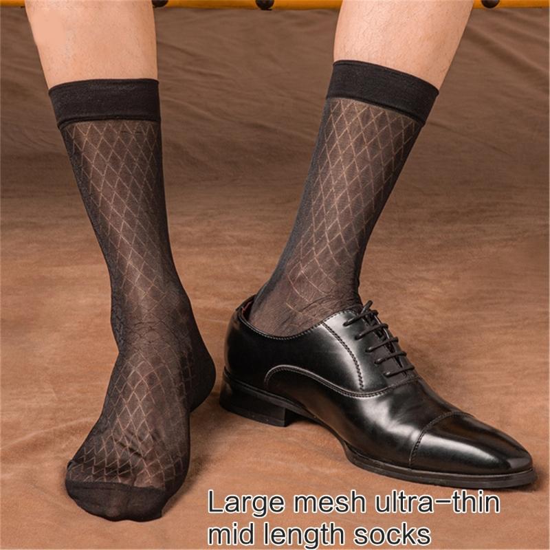Elegant Mens Sheer Diamond Pattern Dress Socks See Through Nylon Business Formal Wear Thin Middle Tube Calf Length Socks