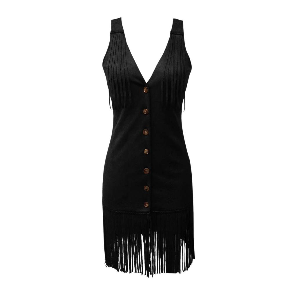 Women's Deep V Neck Sleeveless Fringe Tassel Mini Dress Western Cowgirl Slim Fit Button Down Bodycon Club Party Dress for Women