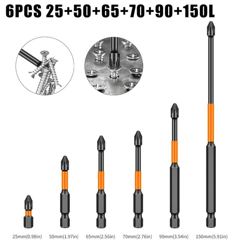 6Pcs Magnetic Impact Nonslip Crossing Screwdriver Head Hand Electric Drill Hexagonal Electric Screwdriver Bit Set Tools